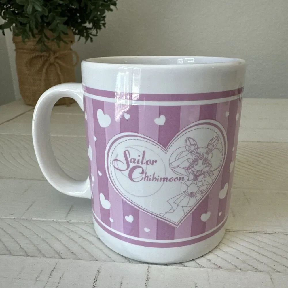 Sailor Moon Anime‎ ChibiMoon Chibiusa Coffee Mug Pink and White Striped Hearts